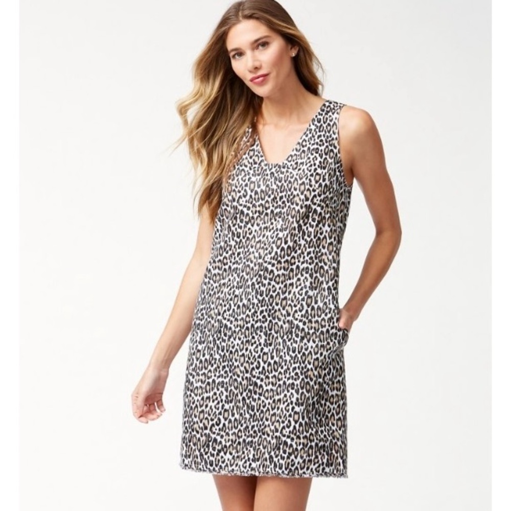 Tommy Bahama Leopard Print V-Neck Mini Dress in Black and Cream